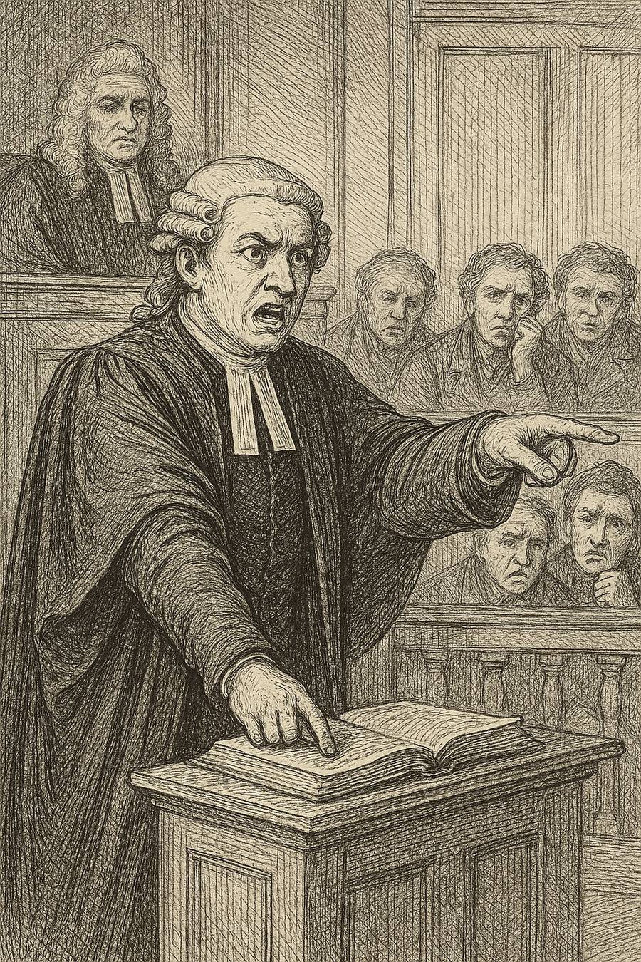 Engraving of an advocate addressing the court