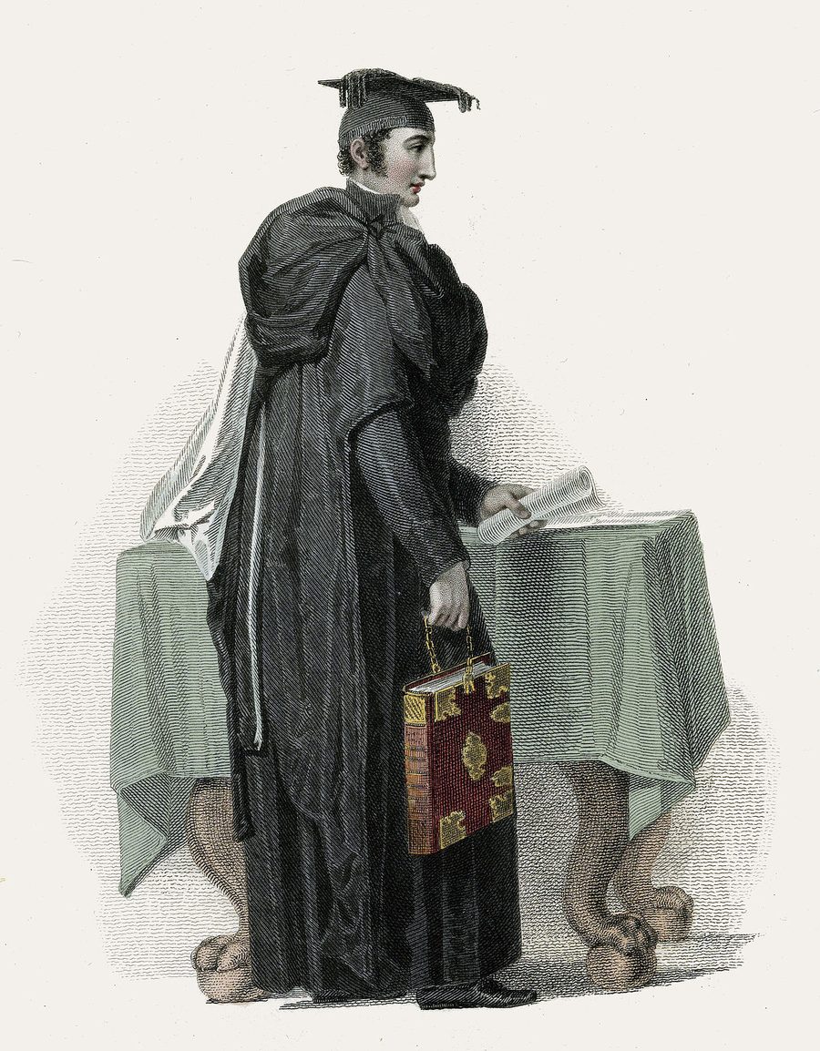19th-century engraving of a proctor in academic dress